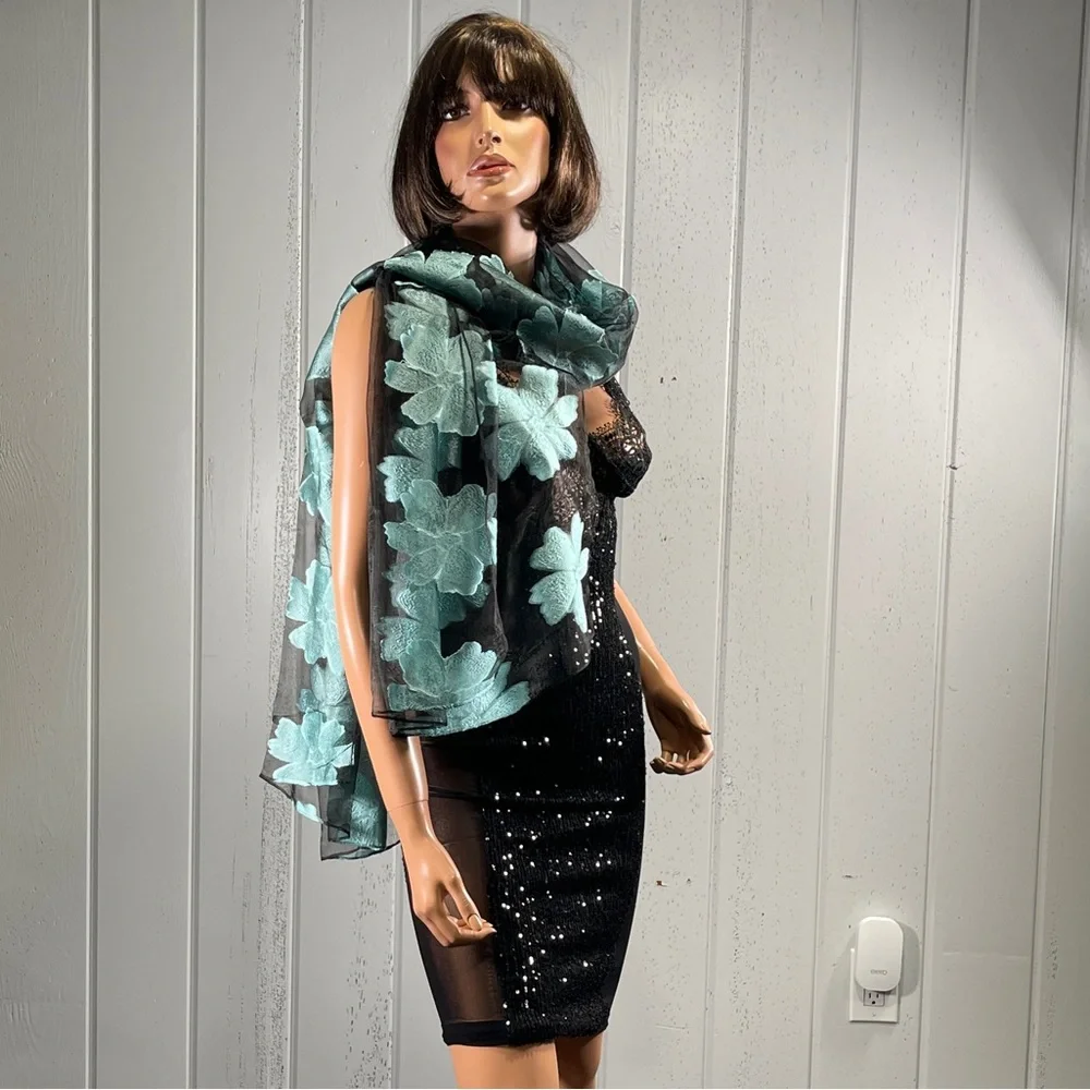 Women’s Blue & Black Floral Semi-Sheer Dress Scarf/Wrap
